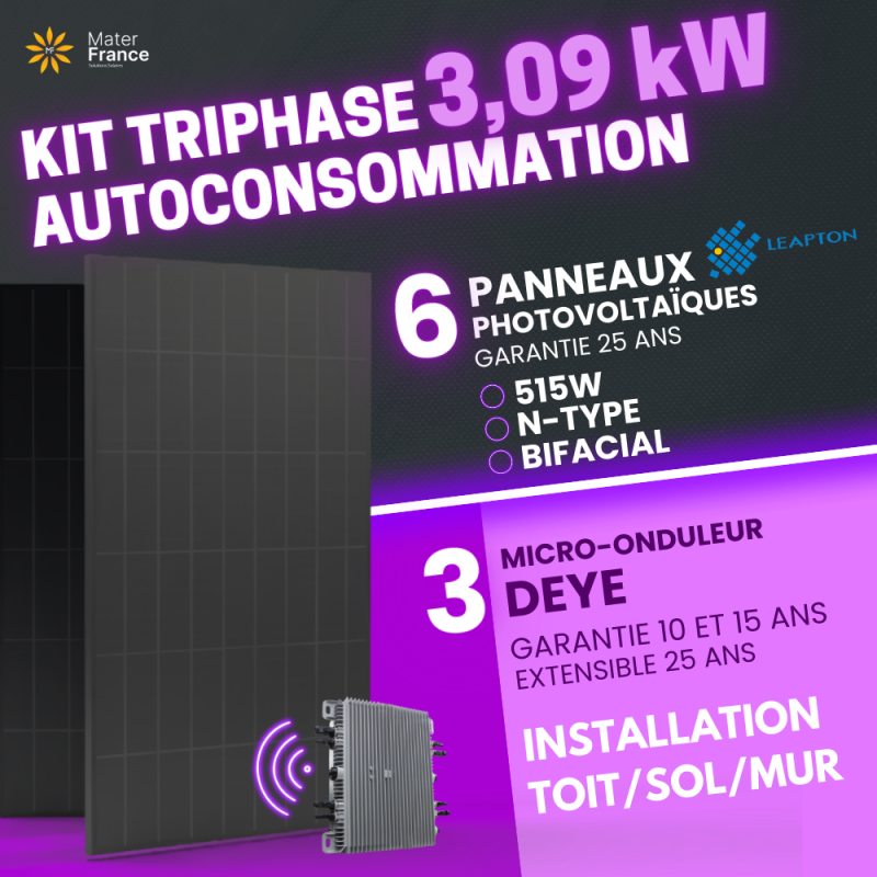 KIT TRIPHASE 3.090kW 6 PANNEAUX 515W - MICRO 1000W  - 1